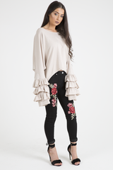 Beige Oversized Frill Sleeve Top - Connie