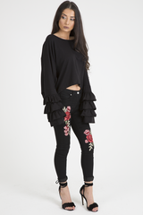 Black Oversized Frill Sleeve Top - Connie