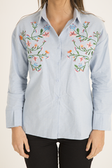 Light Blue Floral Embroidered Shirt - Kara