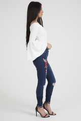 White Bardot Bell Sleeve Bodysuit - Evelyn