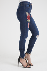 Indigo Embroidered Distressed Raw Hem Skinny Jeans - Dolly