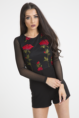 Black Mesh Rose Embroidered Playsuit - Mia