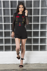 Black Mesh Rose Embroidered Playsuit - Mia