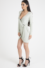 Mint Green Wrap Around Belted Slinky Dress - Cassie