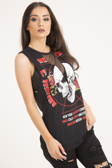 Black Skull Print Mesh Panel Sleeveless T-Shirt - Amie