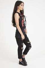 Black Skull Print Mesh Panel Sleeveless T-Shirt - Amie