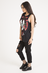 Black Skull Print Mesh Panel Sleeveless T-Shirt - Amie