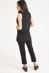 Black Skull Print Mesh Panel Sleeveless T-Shirt - Amie