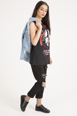 Black Skull Print Mesh Panel Sleeveless T-Shirt - Amie