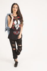 Black Skull Print Mesh Panel Sleeveless T-Shirt - Amie