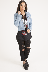 Light Blue Distressed Cropped Denim Jacket - Charlie