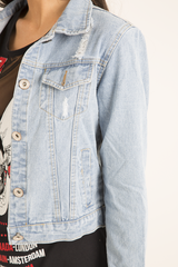 Light Blue Distressed Cropped Denim Jacket - Charlie