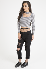 Pink Striped Ribbed Choker Cut Out Crop Top - Mina