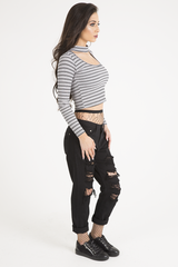 Pink Striped Ribbed Choker Cut Out Crop Top - Mina