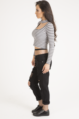 Pink Striped Ribbed Choker Cut Out Crop Top - Mina