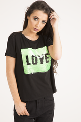 Black Reversible Sequin 'Love' Slogan T-Shirt - Ida