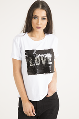 White Reversible Sequin 'Love' Slogan T-Shirt - Ida