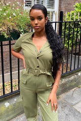 Khaki Woven Button Front Belted Jumpsuit - Suzanna