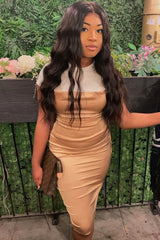 Light Gold Satin Cowl Neck Midi Bodycon Dress - Liliana