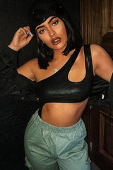 Black Coated One Shoulder Cut Out Bodysuit - Adriana