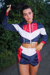 Navy Red Colour Block Hooded Jacket Shorts Tracksuit Co-ord - Jettie