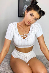 White Crochet Knit Top Shorts Co-ord - Aarini