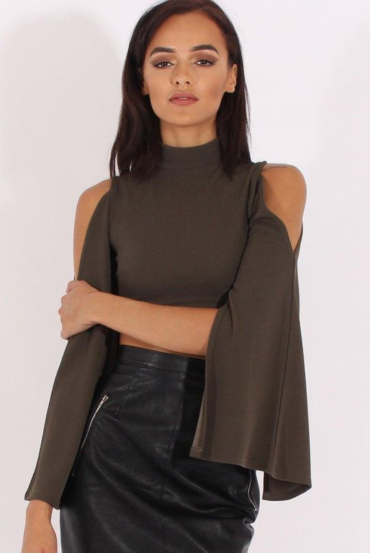 Khaki Cold Shoulder Split Sleeve Crop Top - Opal