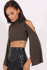 Khaki Cold Shoulder Split Sleeve Crop Top - Opal