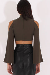 Khaki Cold Shoulder Split Sleeve Crop Top - Opal