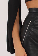 Black Cold Shoulder Split Sleeve Crop Top - Opal