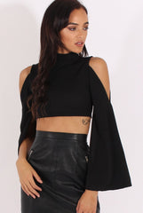 Black Cold Shoulder Split Sleeve Crop Top - Opal