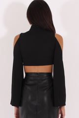 Black Cold Shoulder Split Sleeve Crop Top - Opal