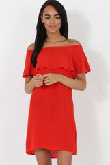 Red Bardot Frill Dress - Ophelia