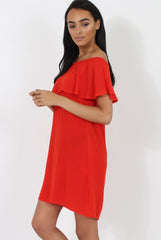 Red Bardot Frill Dress - Ophelia