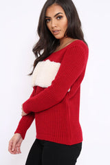 Red Chunky Knit Faux Fur Front Panel Jumper - Ophelia