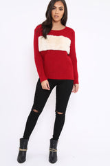 Red Chunky Knit Faux Fur Front Panel Jumper - Ophelia