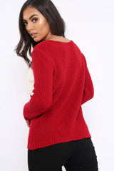 Red Chunky Knit Faux Fur Front Panel Jumper - Ophelia