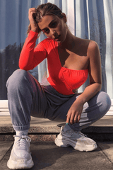 Neon Coral One Sleeve Cut Out Bodysuit - Lyana