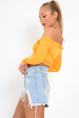 Mustard Ribbed Frill Bardot Crop Top - Cassidy
