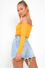 Mustard Ribbed Frill Bardot Crop Top - Cassidy