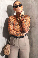 Orange Snake Print Slinky High Neck Bodysuit - Abira
