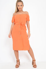 Orange Bardot Puff Sleeve Button Midi Dress - Jacinta