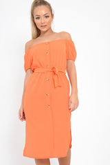 Orange Bardot Puff Sleeve Button Midi Dress - Jacinta
