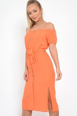 Orange Bardot Puff Sleeve Button Midi Dress - Jacinta