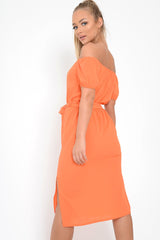 Orange Bardot Puff Sleeve Button Midi Dress - Jacinta