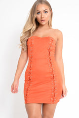 Burnt Orange Suede Lace Up Front Bandeau Mini Dress - Lily