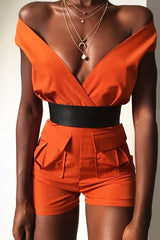 Rust Plunge Woven Utility Pocket Playsuit - Megan