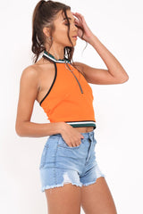 Orange Ring Zip Front Halterneck Crop Top - Wessie