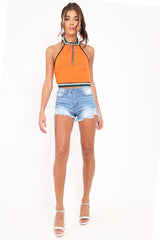 Orange Ring Zip Front Halterneck Crop Top - Wessie