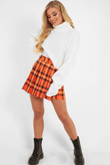 Orange Tartan Button Front Pleated Skirt - Laela